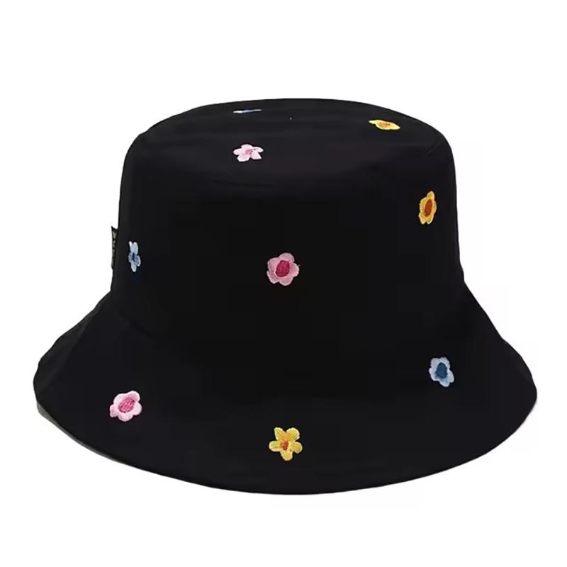 Cute Flower Bucket Hat Embroidered Fashion Domed Fisherman Hat with Flat Brim Women Summer Travel Beach Sun Hats
