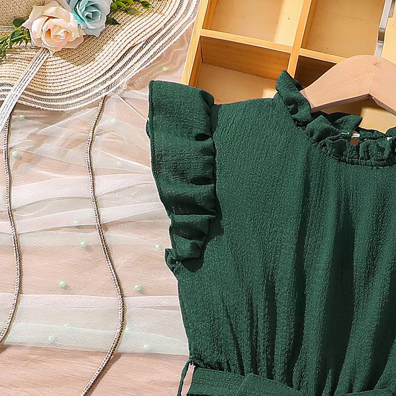 7-12 лет Девочки Платье Летние Новые Платья Модные Рукава-Летки Завязки Текстура Тонкий Темперамент Платье Принцесса Платья