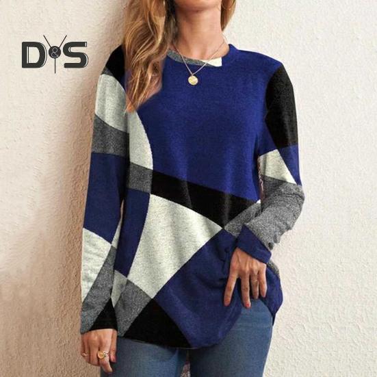 Женские топы с геометрическим узором и лоскутным узором, с круглым вырезом, длинными рукавами, декором из пуговиц, повседневная блузка, свободный крой, туника