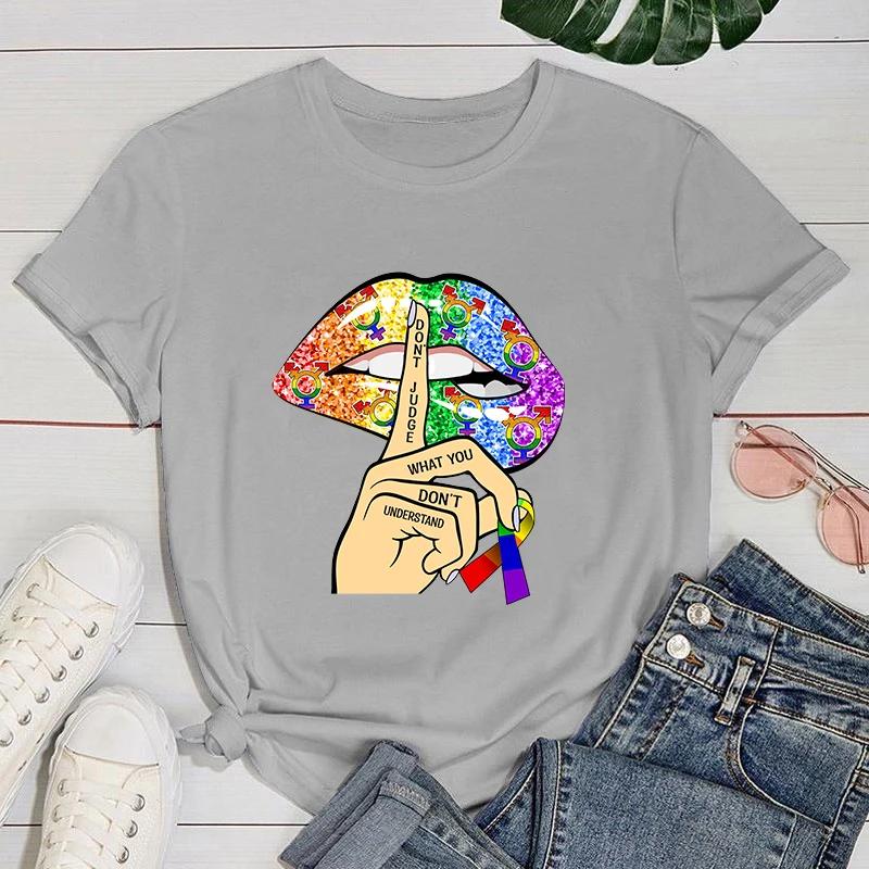 (Premium T-shirt)Cool Lgbt Lips Print T-Shirts For Women Summer Fashion Casual Short Sleeve Round Neck Tops Ladies T-Shirt