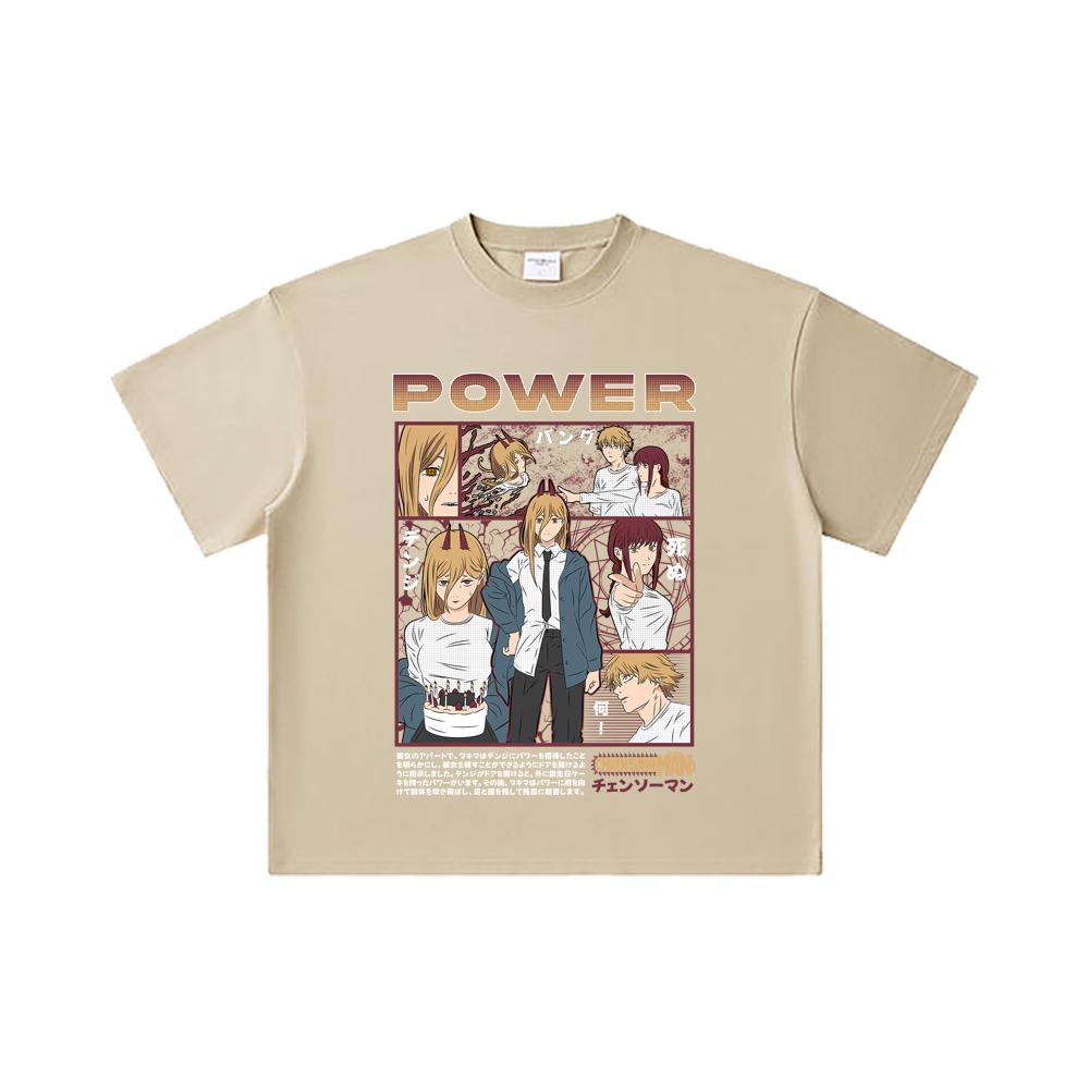 Хлопковая футболка унисекс с принтом Chainsaw Man V1 Power, плотность 260 г/м², двойная пряжа, 32 нити, 100% хлопок
