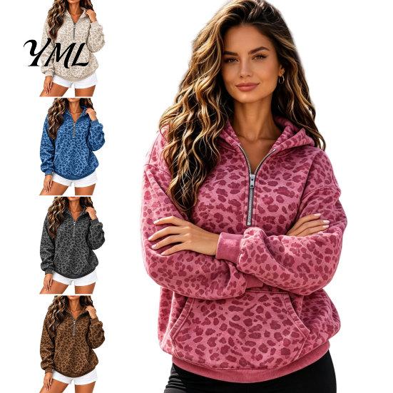 Casual Wear Hoodie Women Leopard Print Hoodie, Oversized Half Zip Hooded Sweatshirt with Long Sleeve Top Kangaroo Pocket, Fall Pullover