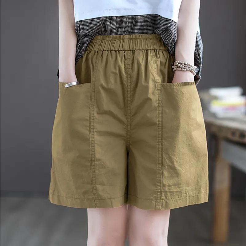 WTEMPO Хлопковые шорты, женские свободные однотонные короткие широкие брюки, летние тонкие повседневные шорты с высокой эластичной резинкой на талии