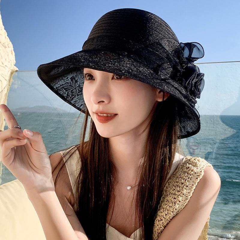2025 Летняя женская элегантная шляпа из органзы с цветочным узором для бассейна, защита от солнца для путешествий, крутая шляпа рыбака