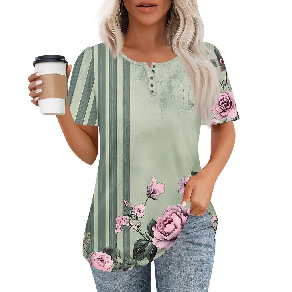 Женский модный повседневный короткий рукав пуловер с принтом на пуговицах и круглым вырезом