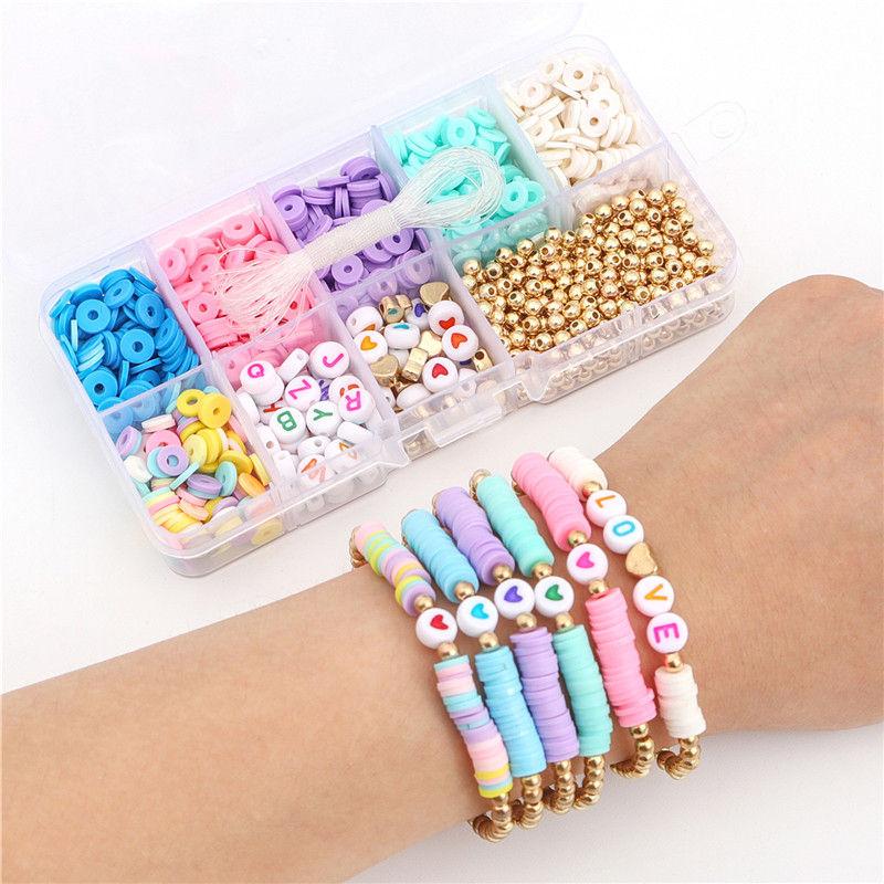 1100 шт./кор., бусины из мягкой глины, набор бусин с буквами алфавита и эластичной нитью для бисера, набор для DIY браслета, ожерелья, аксессуары для изготовления ювелирных изделий