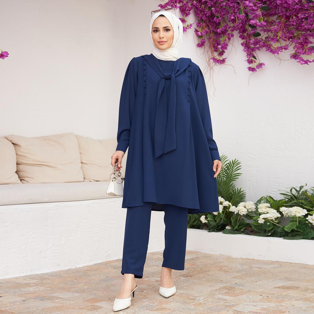 Foulard Collar Women Tunic Pants Double Suit Combine Islamic Muslim Casual Fashion Loose Summer Summer New Season Turkey