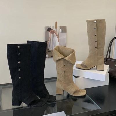 Осенняя Мода Квадратный Носок Женские Сапоги-Чулок Сандалии Квадратный Низкий Каблук Ремешок с Пряжкой Винтажная Обувь Длинные Боты