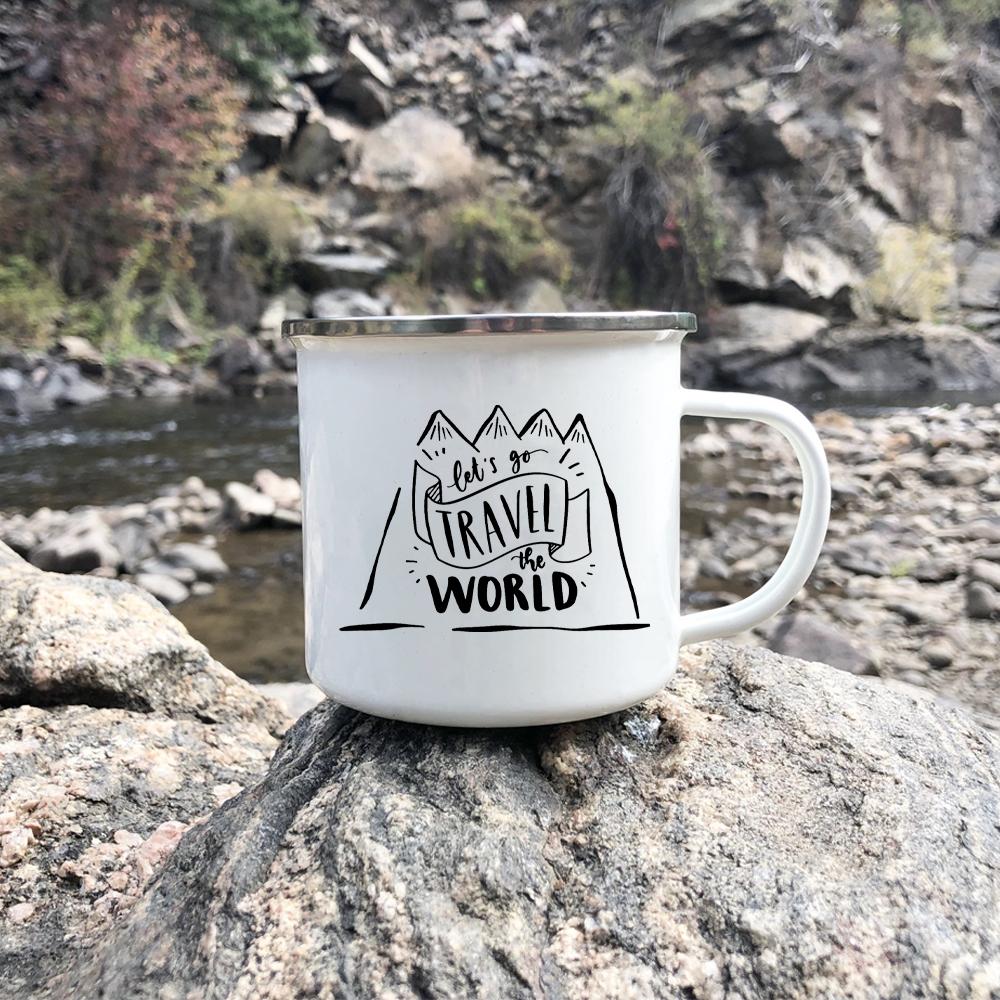 Let's Go Travel The World Camping Enamel Cup Handle Cups Coffee Tea Milk Mugs Party Best Gifts Camping Campfire Coffee Mugs