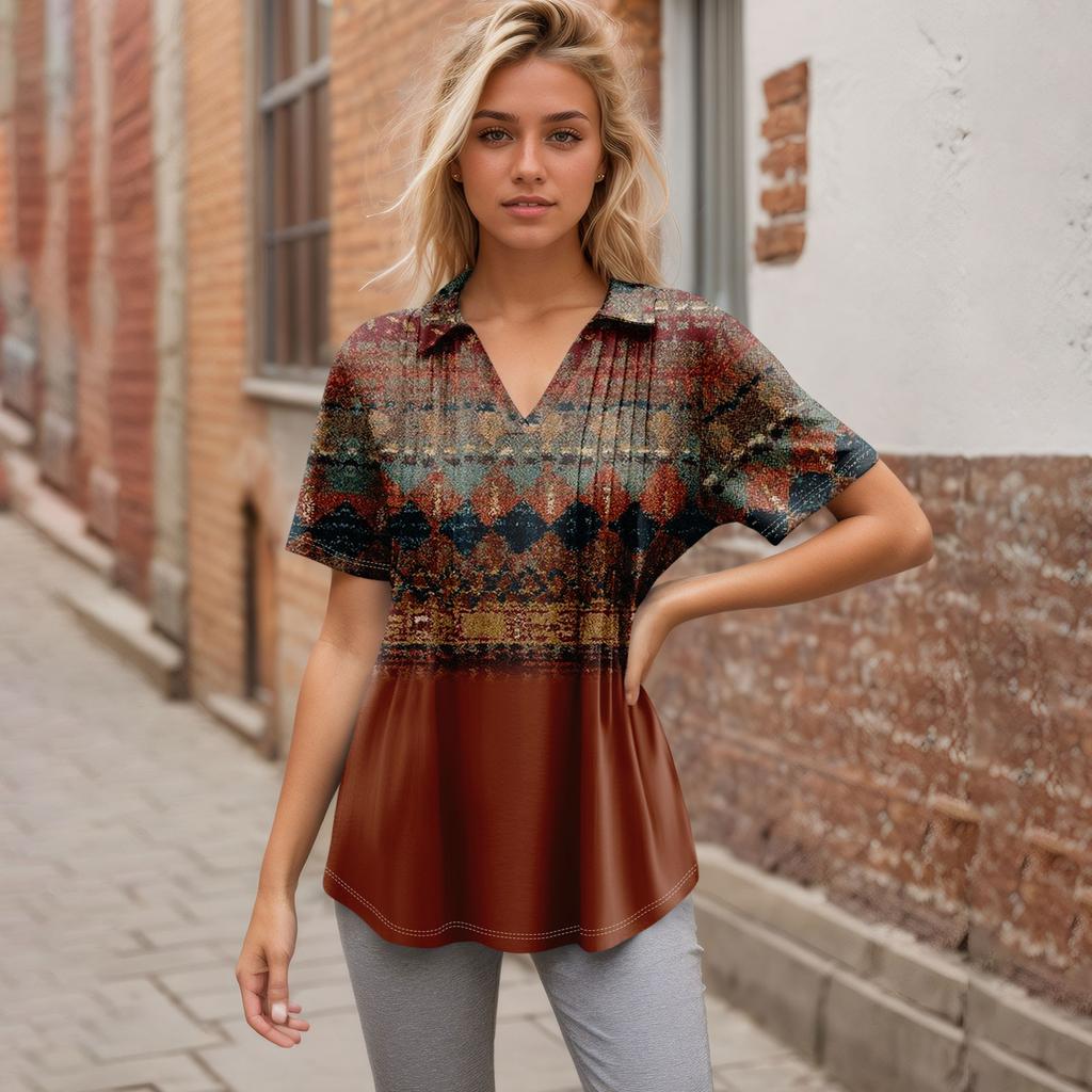 Женские футболки с коротким рукавом, плиссированные, с V-образным вырезом, с принтом, с воротником, летние топы, модные, деловые, повседневные, рабочие