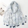 Four Season Cotton And Linen Hand Feel Scarf, Small Fresh Blue, White Background, Leaf Flower Fringe Silk Scarf, Shawl For Ladies
