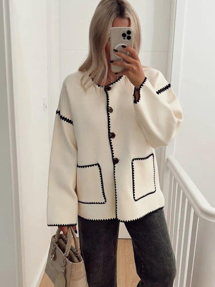 Модное женское пальто с круглым вырезом, осенне-зимнее однобортное пальто с длинными рукавами и карманами, женское элегантное лоскутное пальто в стиле High Street