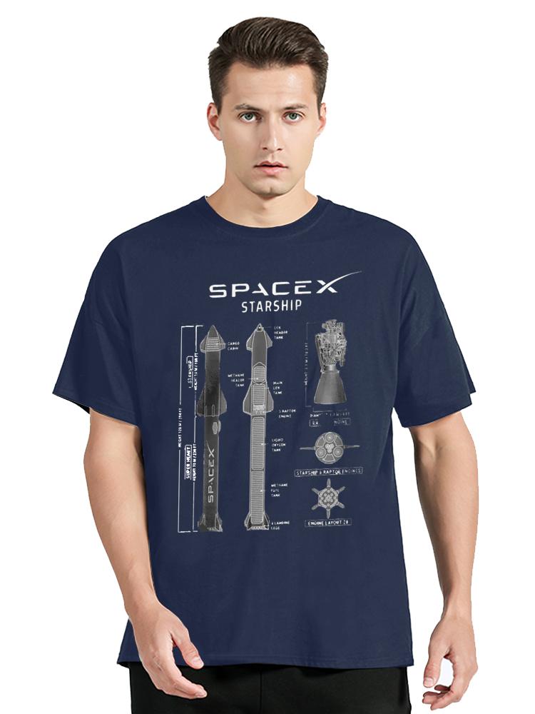 Unisex SpaceX Starship Blueprint Printing T-Shirt Oversized Tshirt Unisex Tops Cotton Fitness Tees Unisex's Clothing Graphic