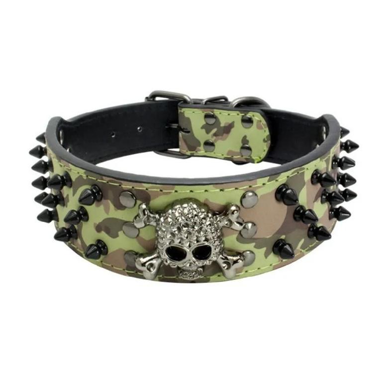 2" Wide Spiked Studded Leather Dog Collar Bullet Rivets with Cool Skull Pet Accessories for Meduim Large Dogs Pitbull Boxer XS-L