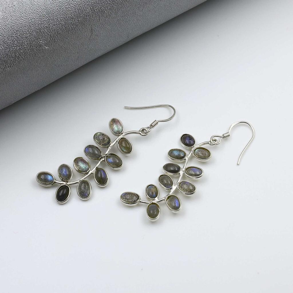 Серьги из стерлингового серебра 925 пробы, серьги с лабрадоритом, серьги с драгоценными камнями, висячие серьги, серьги с камнями по месяцу рождения, серьги в виде листьев