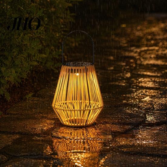 No Wiring Solar Light Rattan Woven Lantern, Outdoor Faux Light, Rustic Waterproof Ambient Lighting Powered Hanging Lantern for Garden Balcony