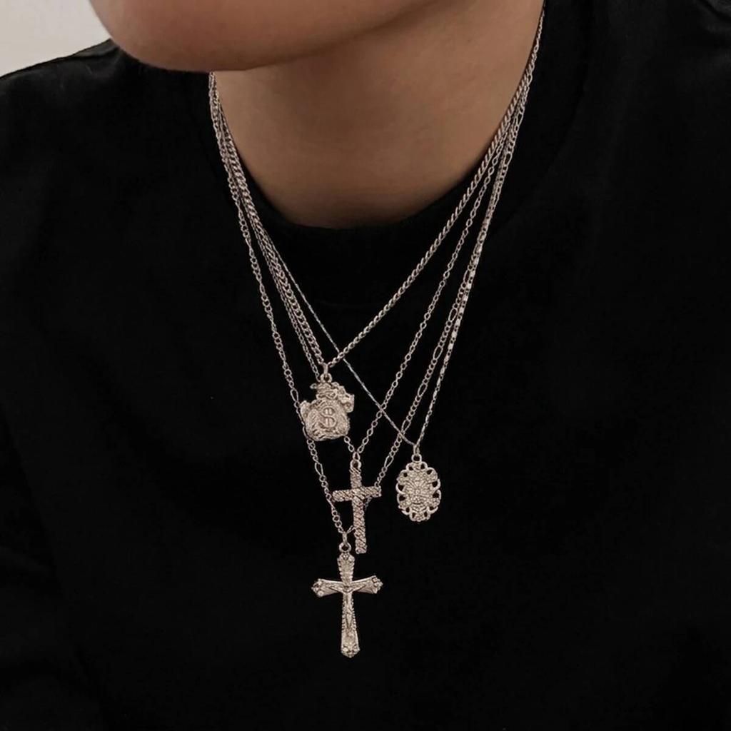 SHIXIN 4 Pcs/Set Hip Hop Punk Jesus Cross Pendant Necklace for Men Trendy Gold Color Adjustable Clavicle Chain Rock Jewelry Gift