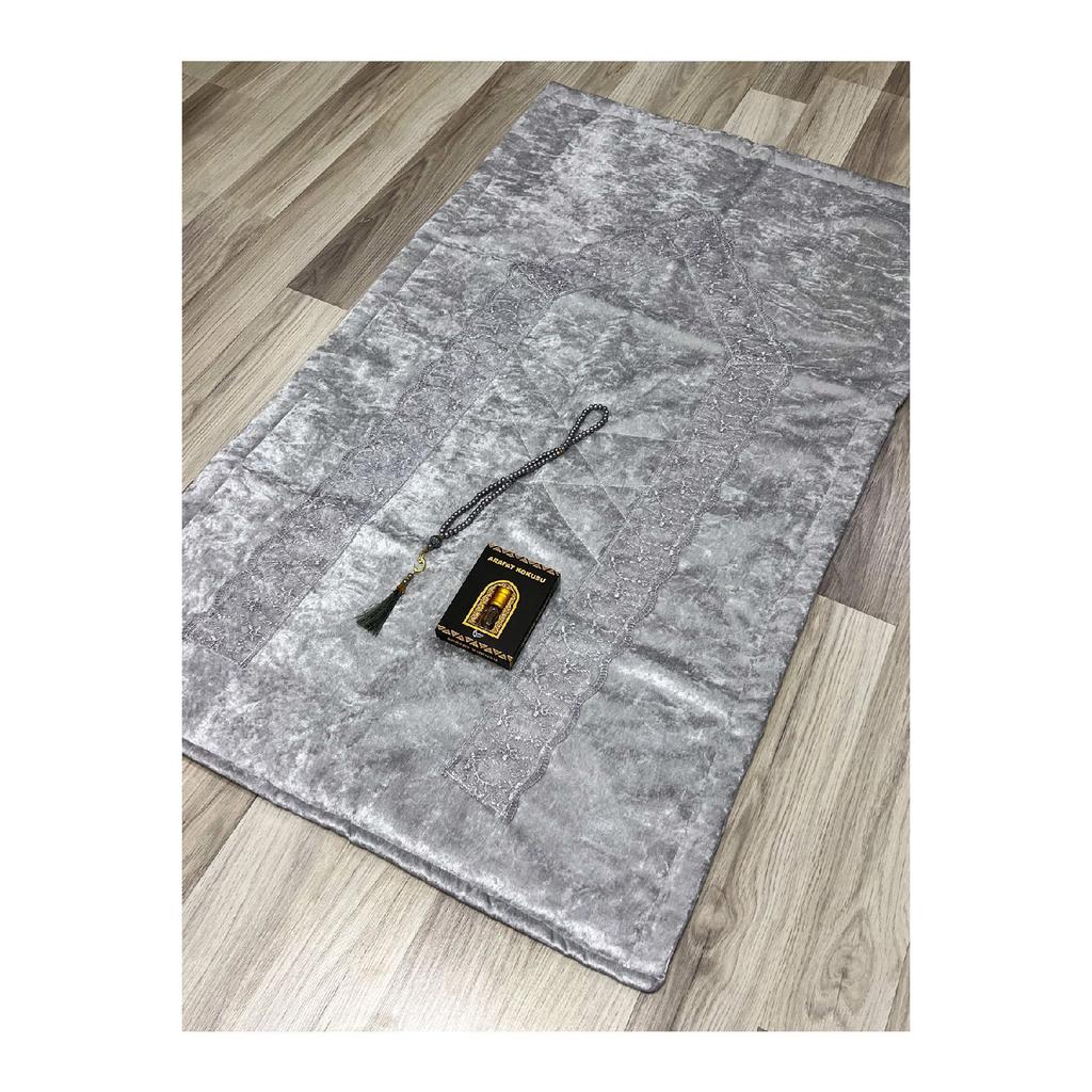 3 Piece Prayer Rug Set, Dowry Bundle Boxed, Velvet Laced Bride And Groom Set