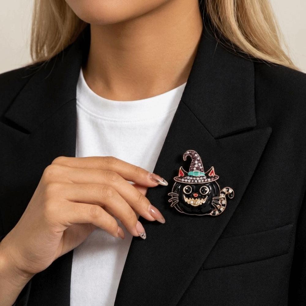 Pumpkin Shape Halloween Feline Brooch Pin Rhinestone Detail Party Brooch Pin Gift Clothing