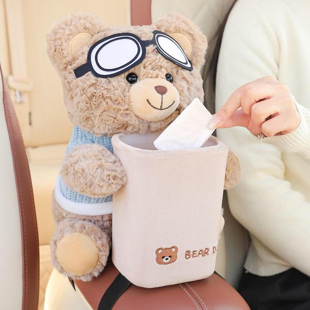 NEW Tissue Box for Car Vehicle Armrest Plush Can 2-in-1 Leakproof Plush Bear Tissue Holder and Trash Can for Vehicle Home Travel