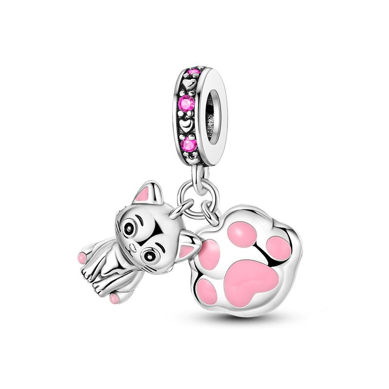 925 Серебряный цвет Кот Медведь Слон Кролик Милые розовые животные Подвески Бусины Подходит 925 Оригинальные Браслеты Изящные DIY Ювелирные Изделия Подарки
