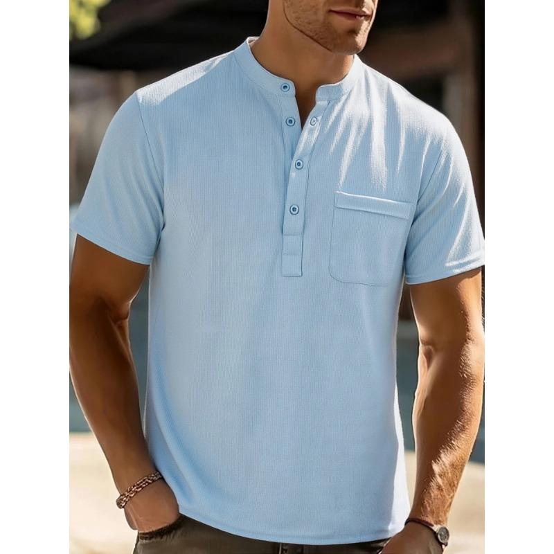 Мужская повседневная рубашка-henley с коротким рукавом, имитация льна, с воротником-стойкой, планкой на пуговицах и нагрудным карманом