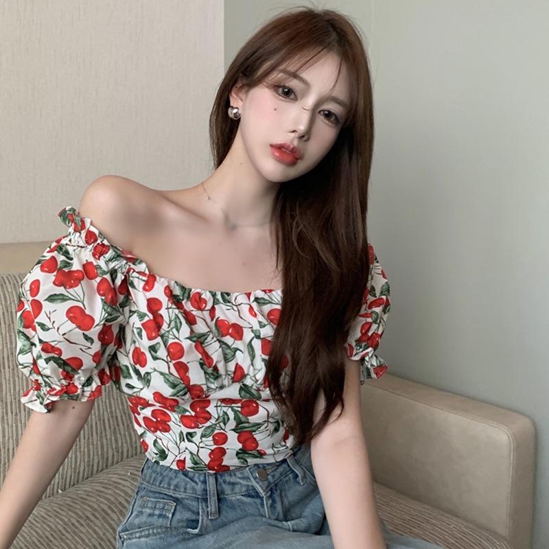 Короткий топ с высокой талией для девочек, женская дизайнерская нишевая летняя рубашка с пышными рукавами и квадратным вырезом с цветочным принтом
