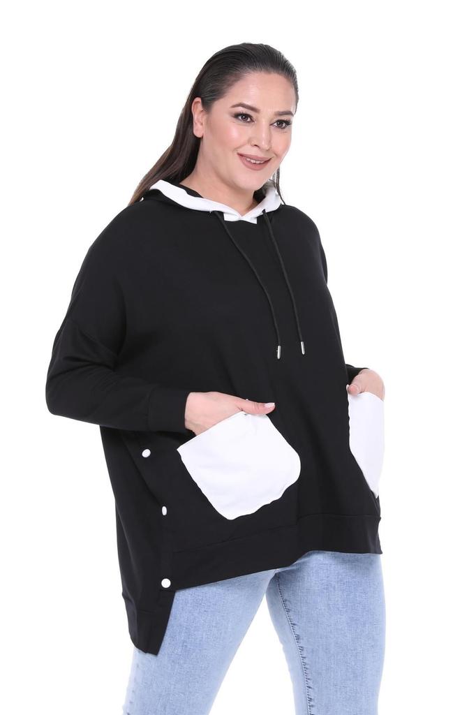 Women's Style Big Size Sweatshirt Large Size Extra Comfortable Fit Black Sweatshirt With Green Pocket Detail