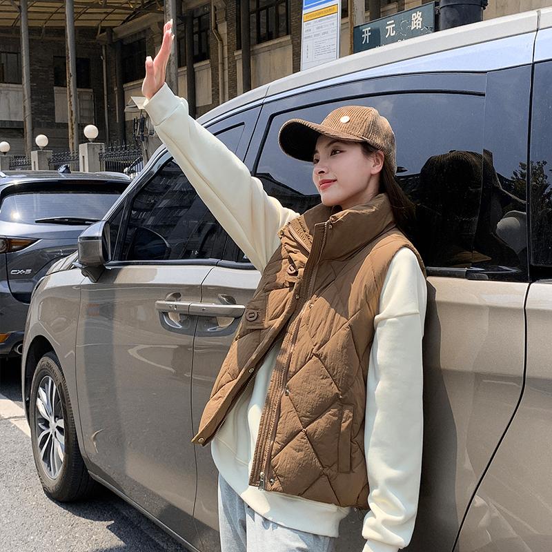 Women Autumn Winter Stand Collar Solid Color Sleeveless Button Parka Vest