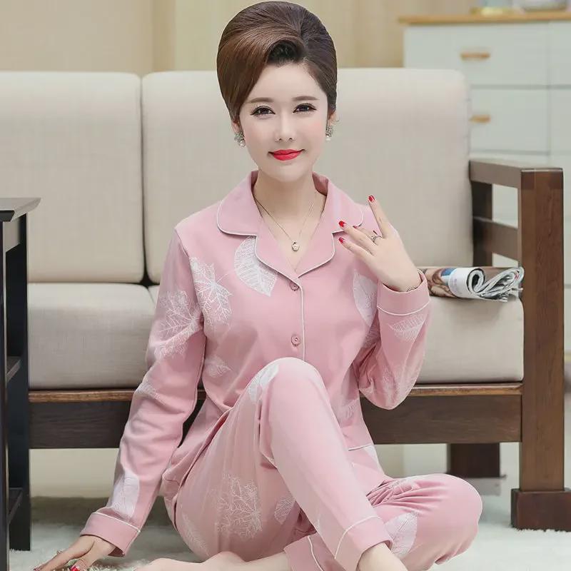 Пижамный комплект из хлопка для женщин среднего возраста - Кардиган с длинными рукавами для весны и осени