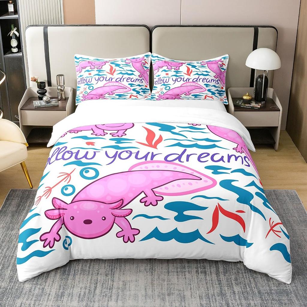 Cartoon Axolotl Bedding Set Twin Full Size Cute Ocean Animal Duvet Cover with 2 Pillow Sham Pink Comforter Cover Set Decorative