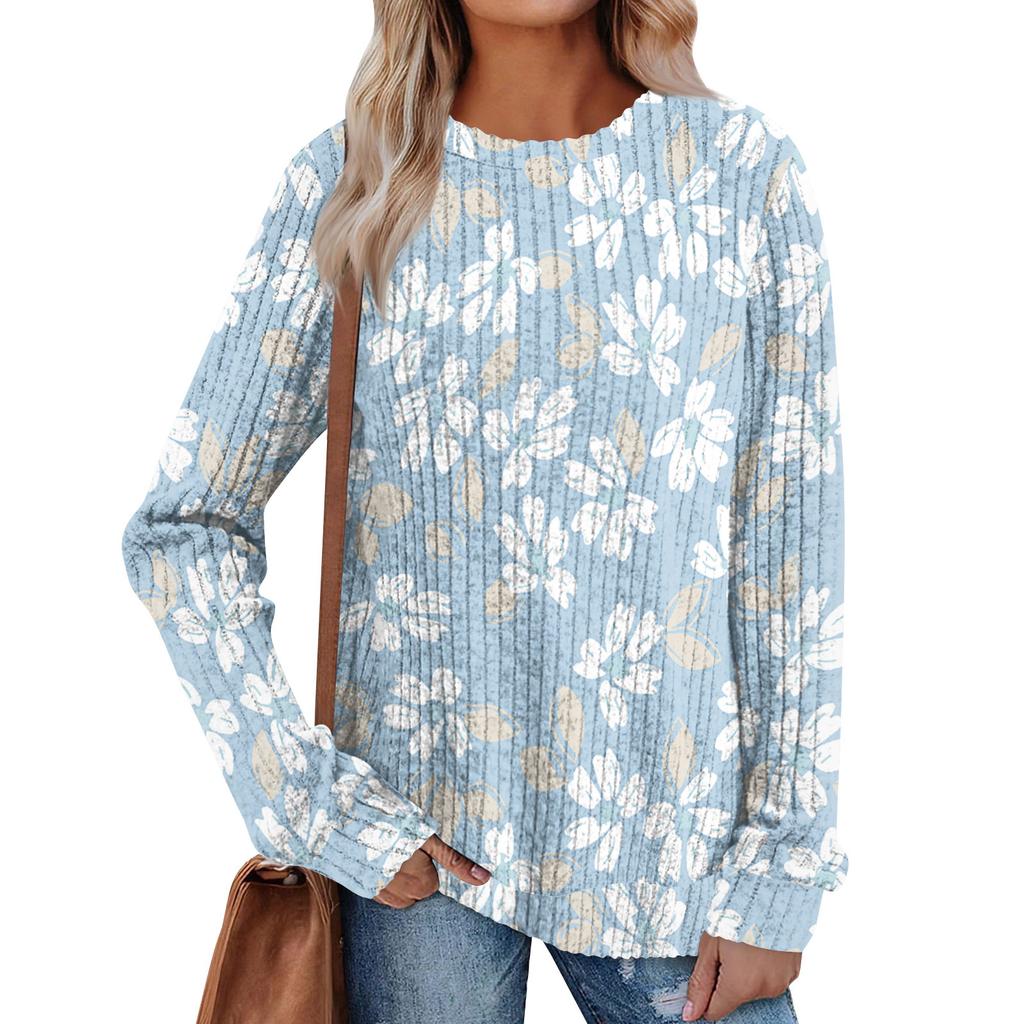 Women's Winter Color-Block Printed Lightweight Brushed-Cotton Round Neck Top