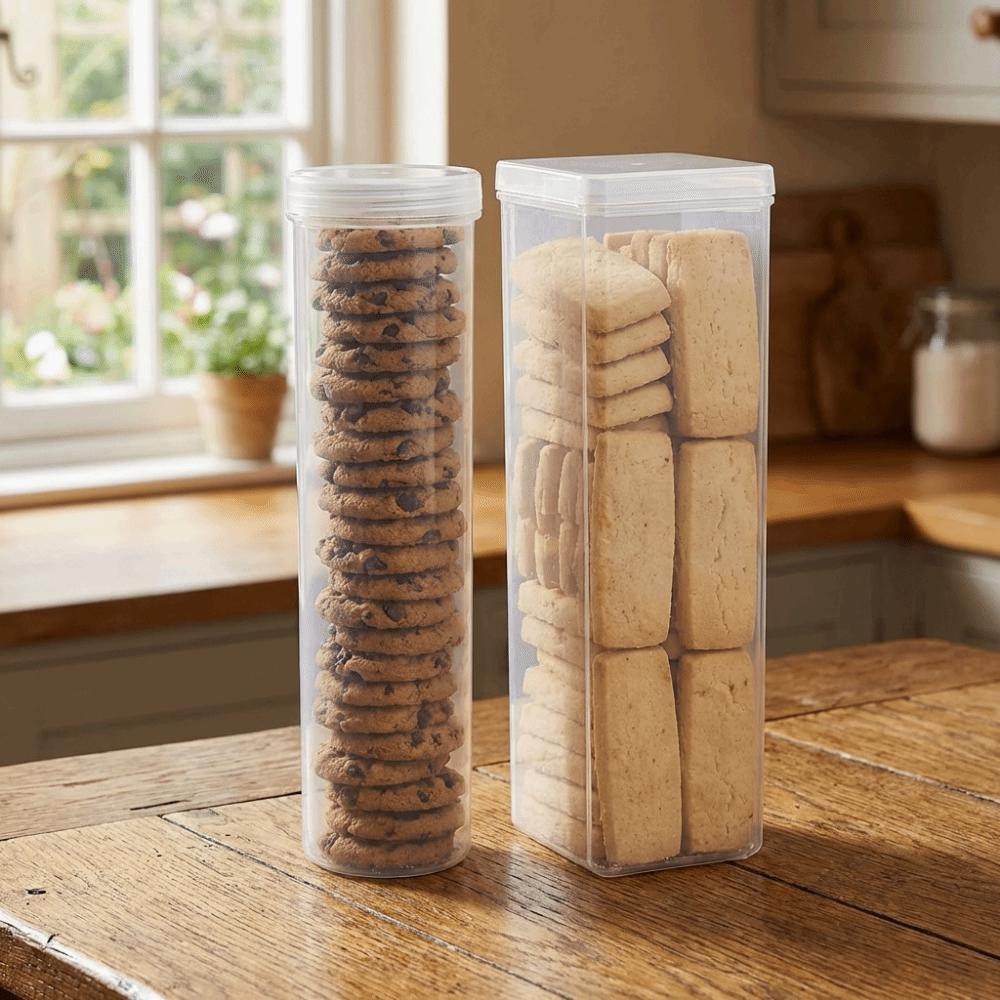 2PCS Plastic Cookie Storage Box Transparent Airtight Food Storage Containers Round/Rectangular with Lid Pantry Organizer Snacks