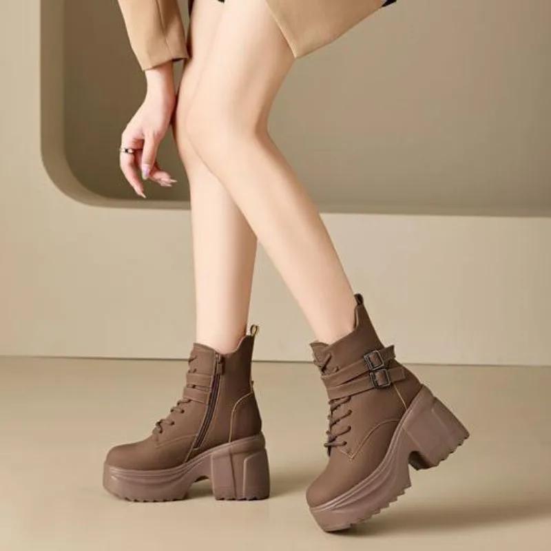 Мода 10 см Микрофибра Синтетика Женские Молния Массивный Каблук Платформа Ботильоны Осень Лодыжка Весна Лодыжка Мотоциклетные Обувь на Толстой Подошве