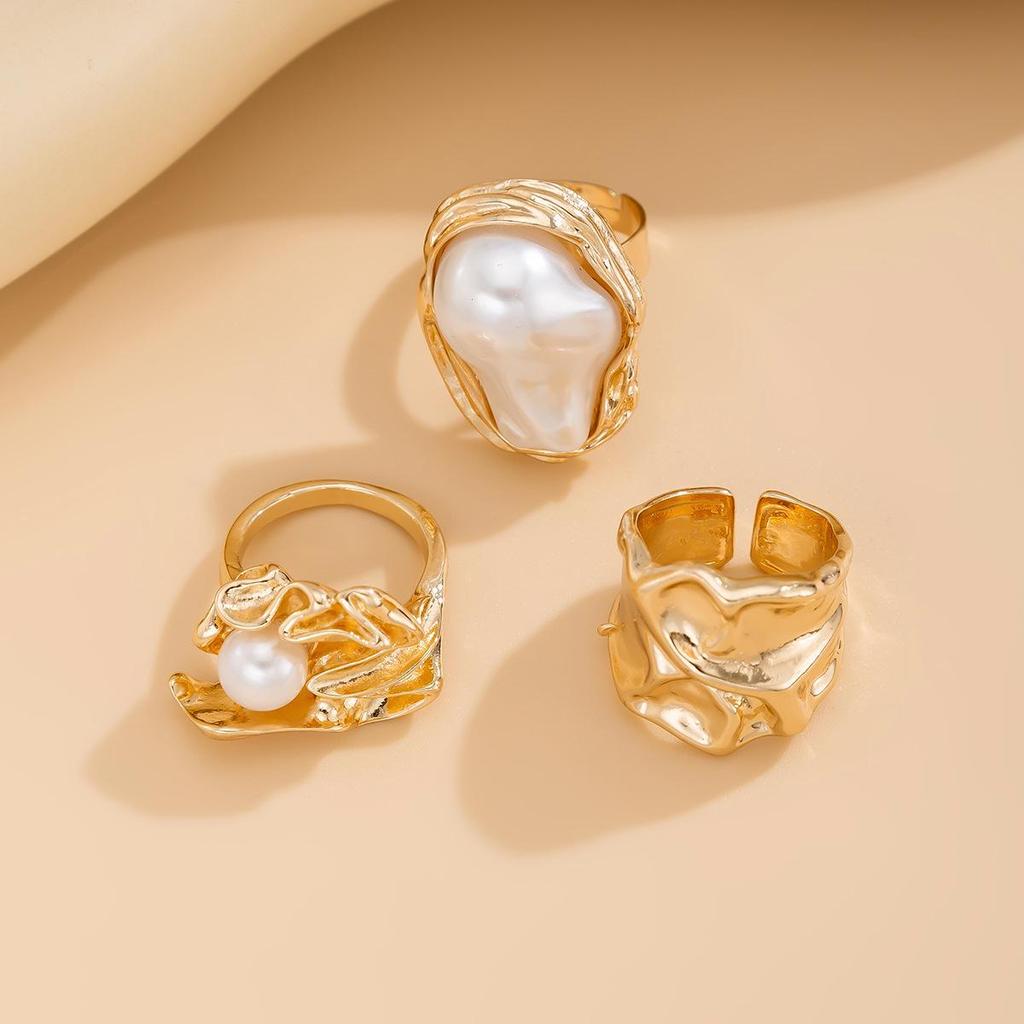 Комплект колец с жемчужинами в европейском и американском геометрическом стиле в стиле барокко – глянцевое кольцо из жидкого металла в стиле Sweet Cool Ins