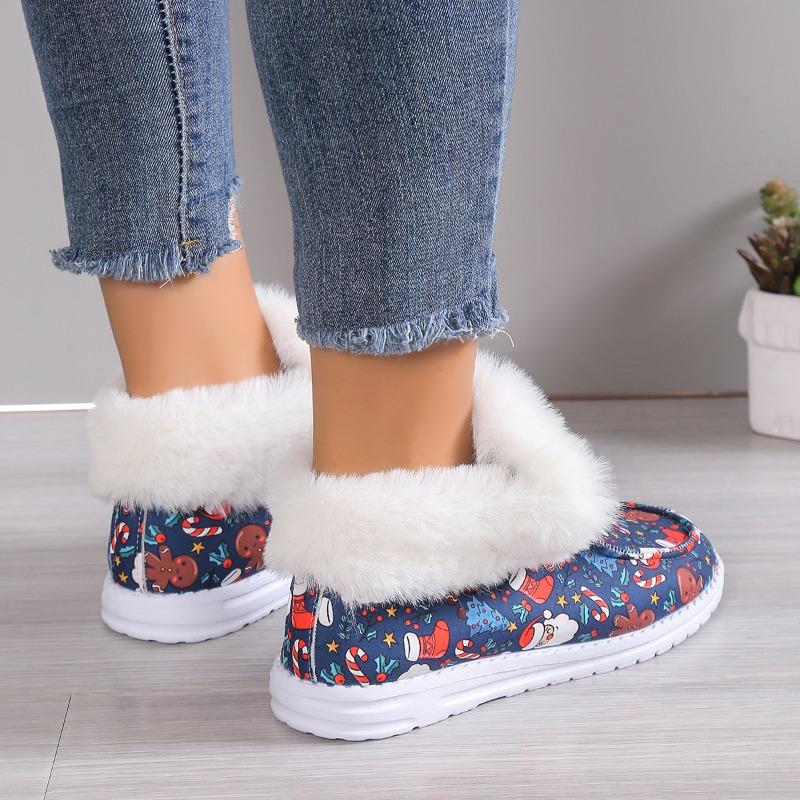Fashion 2024 Winter New Women's Santa Print Canvas Shoes Fluffy Plush Lined Warm Slip-On Flat Shoes