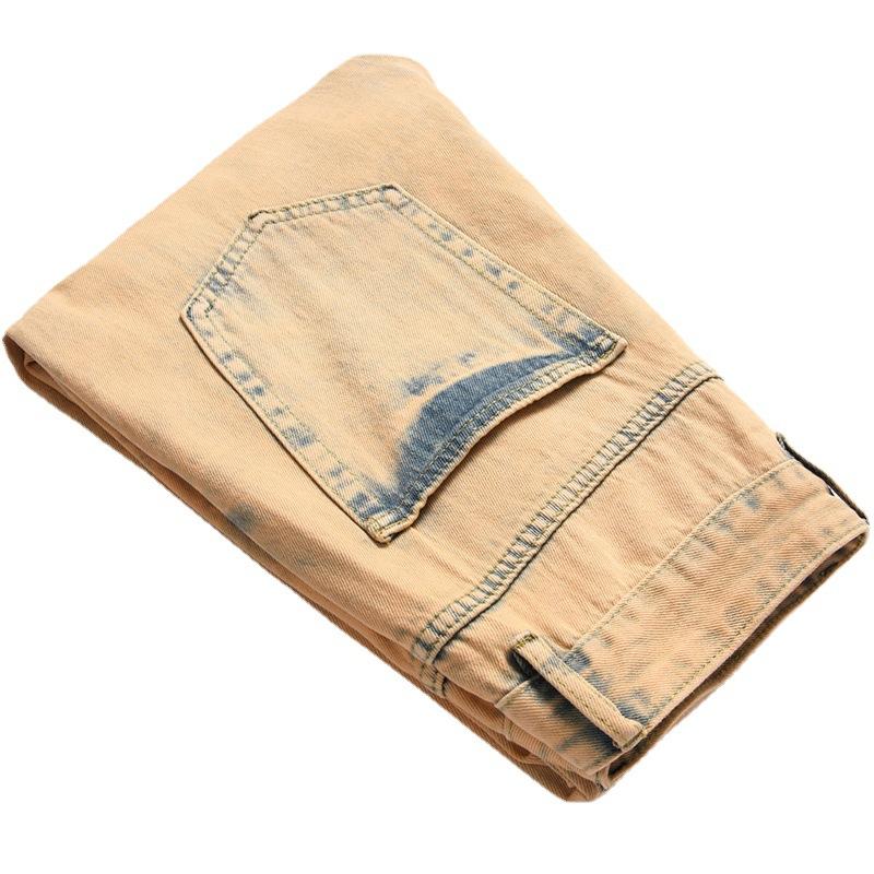 Европейские и американские повседневные желтые брюки средней талии, обычные неэластичные, стираные, длинные, хлопковые рваные джинсы