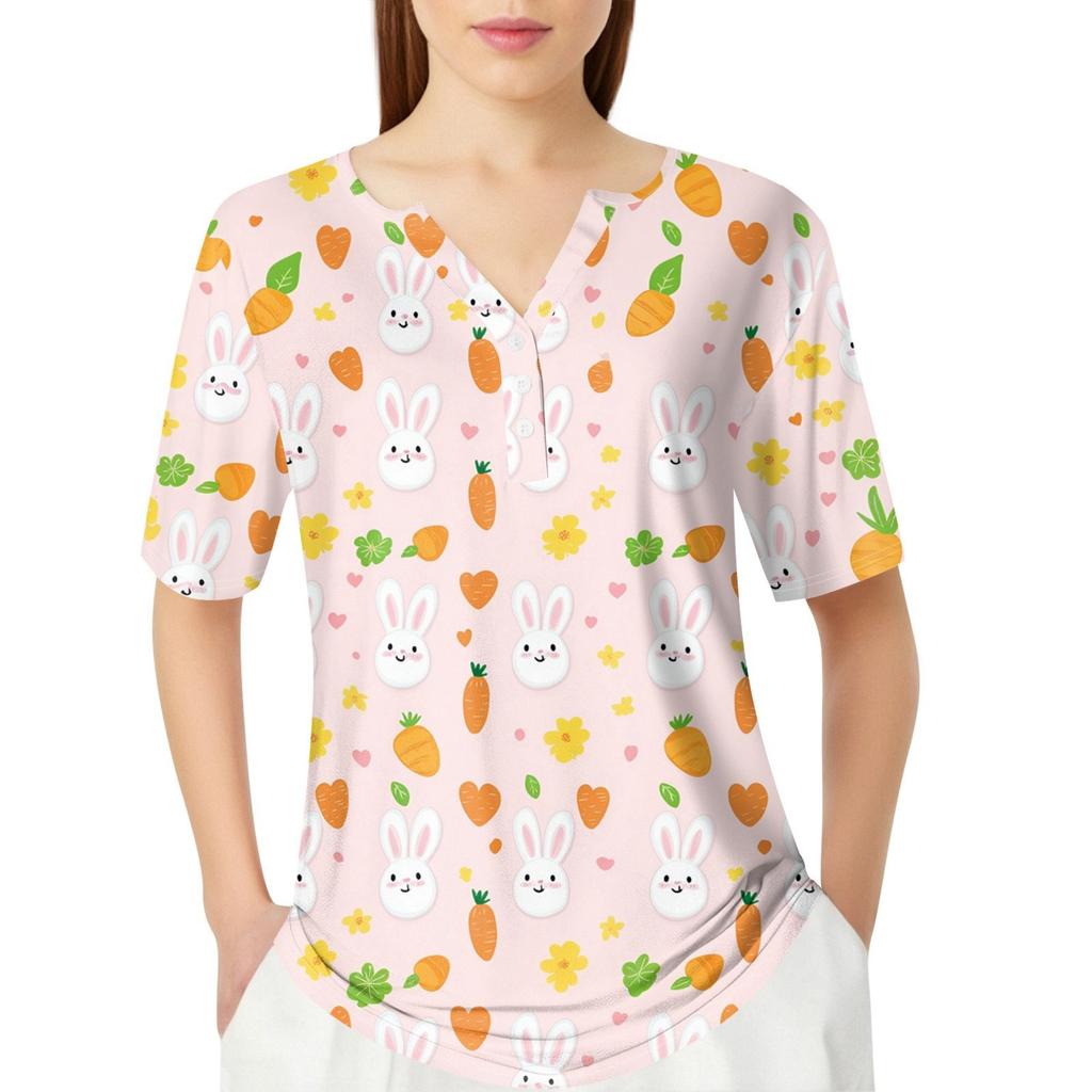 Women's T Shirt Print Button Short Sleeve Daily Weekend Fashion Basic V-Neck Regular Top