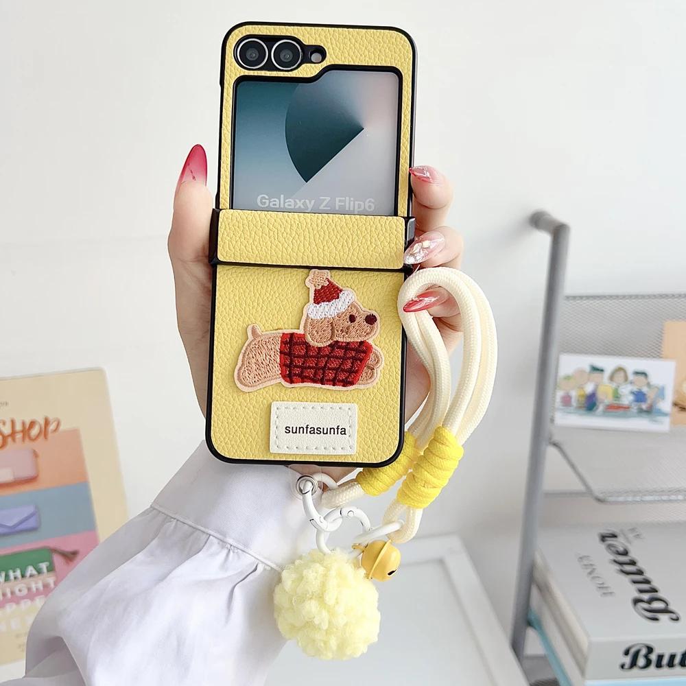 Милый Мультяшный Пес Вышивка Ремешок на Запястье Чехол для Samsung Galaxy Z Flip 7 6 5 flip 3 4 Шнурок Личи Кожаный Меховой Шарик Внутреннее Покрытие