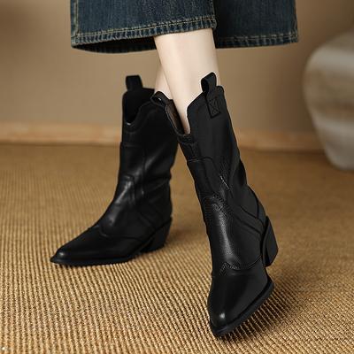 Мода 2025 Новая Женская Обувь Ботинки Осень Работа Мода Элегантный Ретро Роскошь Высокий Каблук Шпилька Острый Носок Натуральная Кожа Обувь Ботинки До Середины Икры