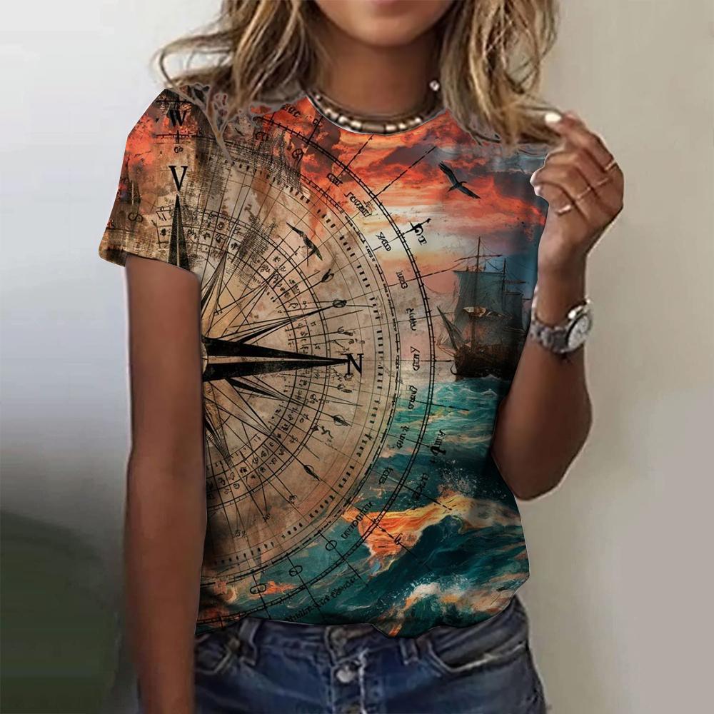 3D printed compass anchor pattern women's T-shirt summer casual round neck top short sleeve loose T-shirt daily short sleeve
