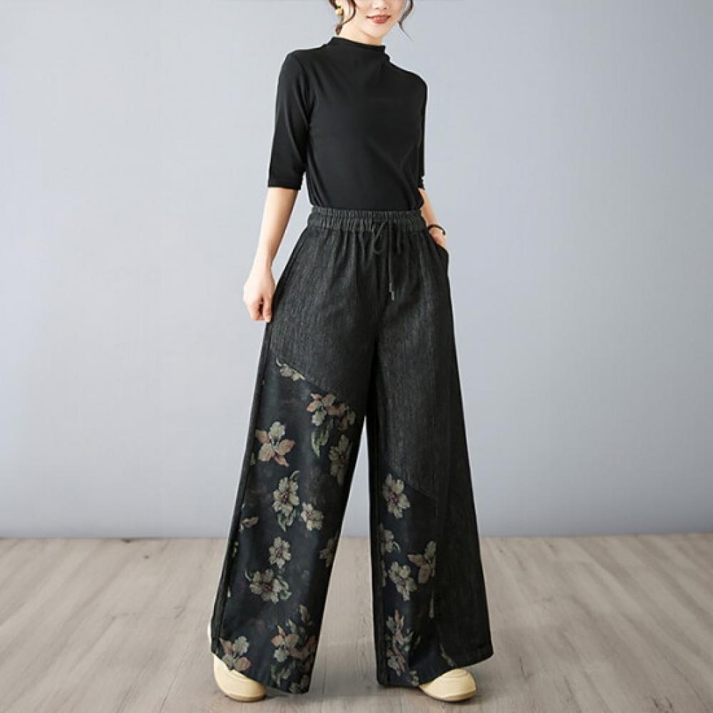 Fluorescence Denim Flower Print Banding Pants Color Option