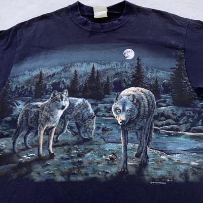 Винтажная футболка 90-х WOLF MOON с двусторонним принтом ПРИРОДА РАЗМЕР L дикое животное