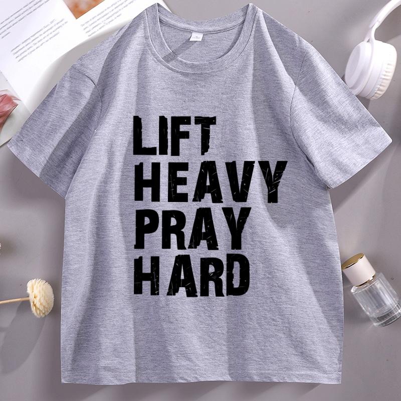 Lift Heavy Pray Hard TShirt Christian Themed Tshirt for Women Unisex Trendy Christ Gym Buddy Tshirts Casual Round Neck Clothes