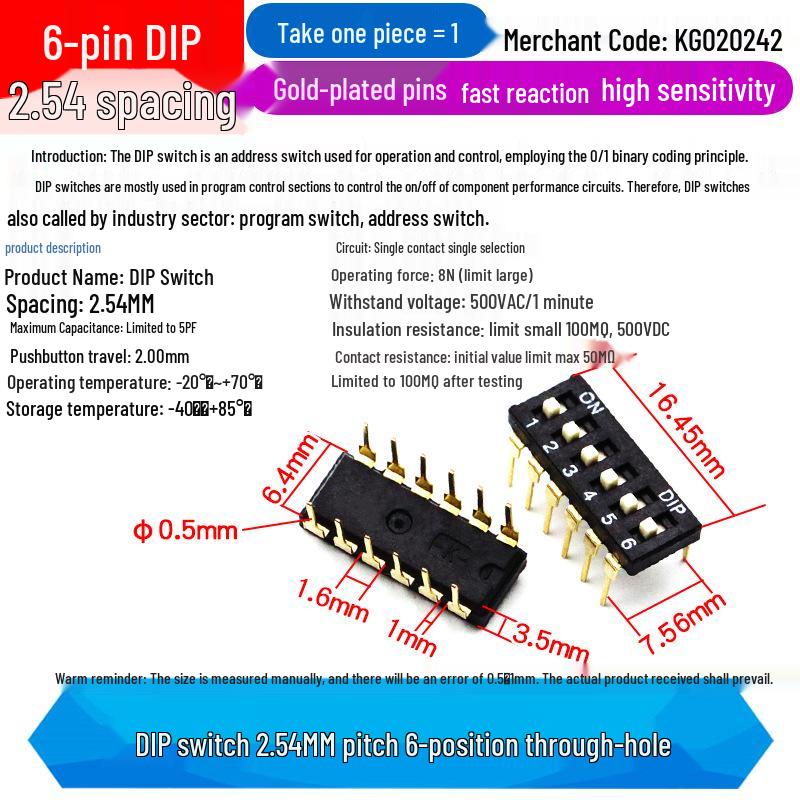 SMD DIP Switch, Flat Toggle, 2P 4-10 Positions, 2.54mm, Red/Blue/Black