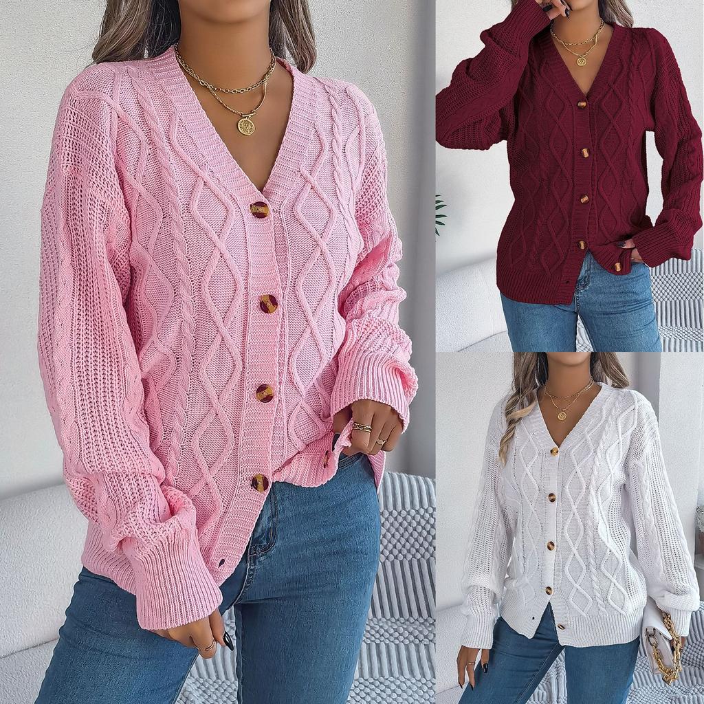 Autumn and Winter Women's Casual V-neck Lantern Sleeve Twist Button Knit Cardigan Sweater Jacket