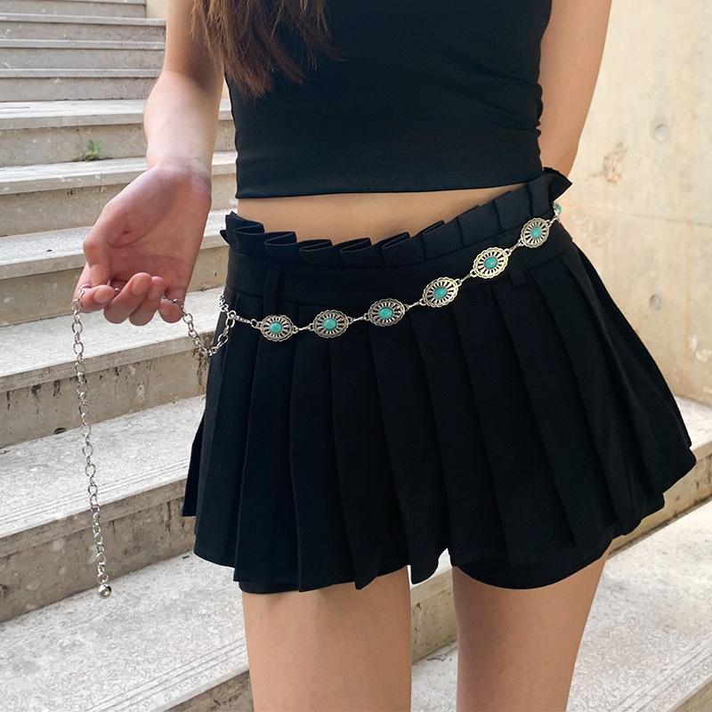 Bohemian Style Oval Turquoise Waist Chain Retro Decoration Belts For Women Girls  Versatile Dress Coat Carved Accessories