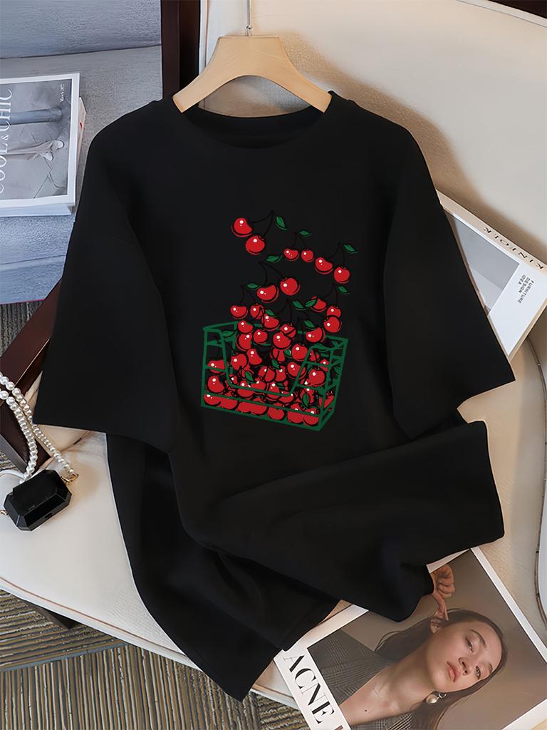 Женская футболка с принтом «Корзина вишен», дышащая, повседневная, летняя, с коротким рукавом, мягкая, свободная, уличная одежда
