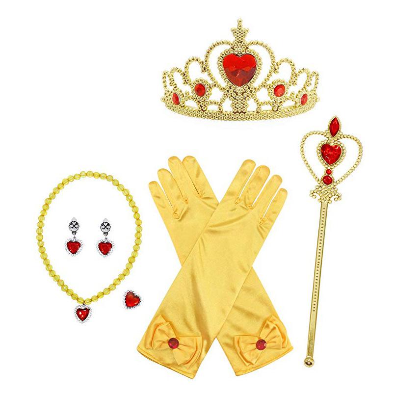 Princess Dress up Accessories Gift Belle Set for Girls Crown Scepter Necklace Earrings Gloves Yellow