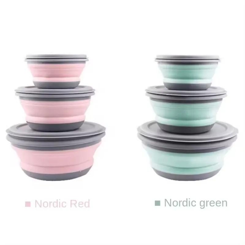 Круглый силиконовый складной ланч-бокс, складная миска для микроволновой печи, переносной складной контейнер для еды, салатница с крышкой